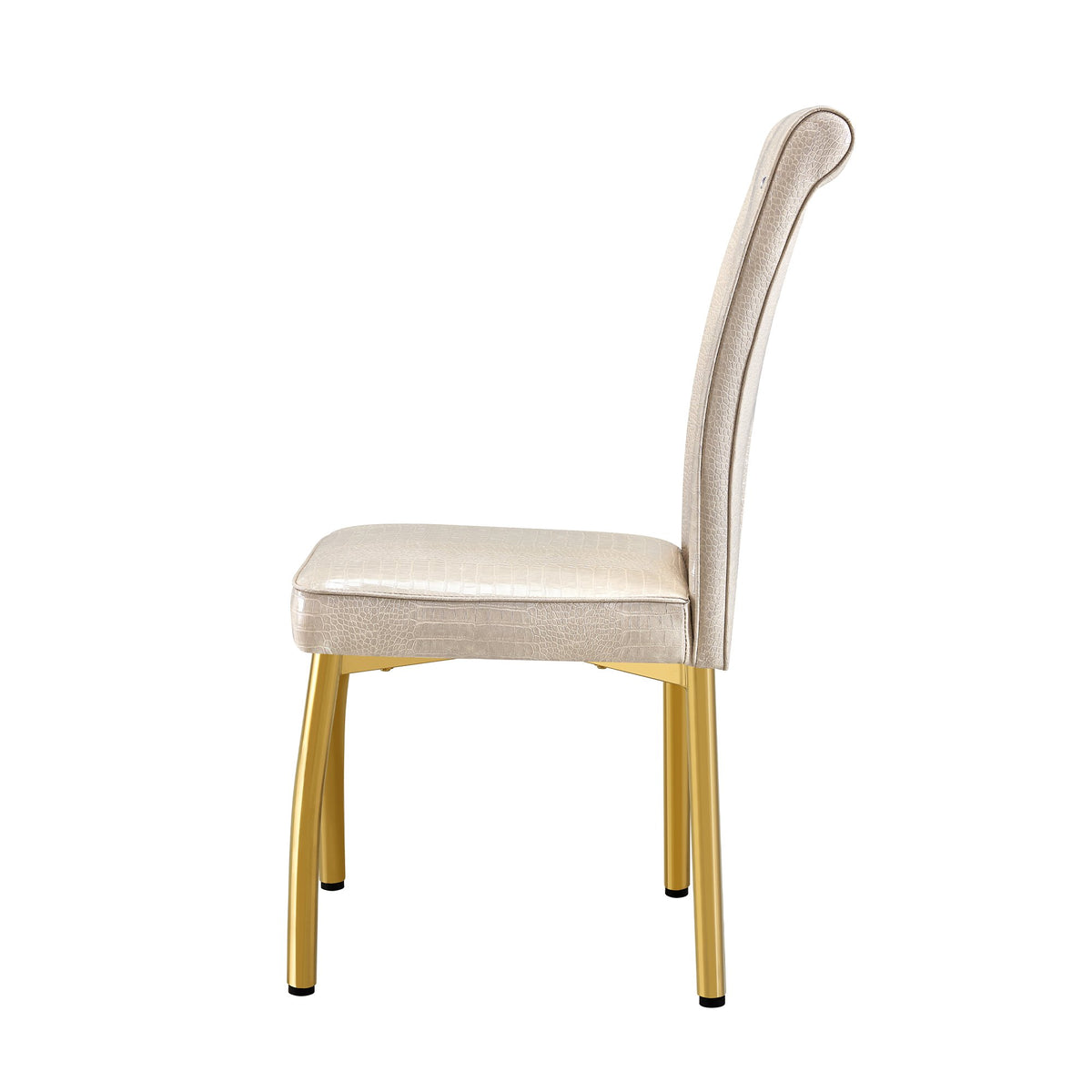 A set of 2 beige and gold vintage crocodile leather cushioned dining chairs, featuring crystal clasp design and artificial leather design, adding a touch of elegance and mystery to the dining area