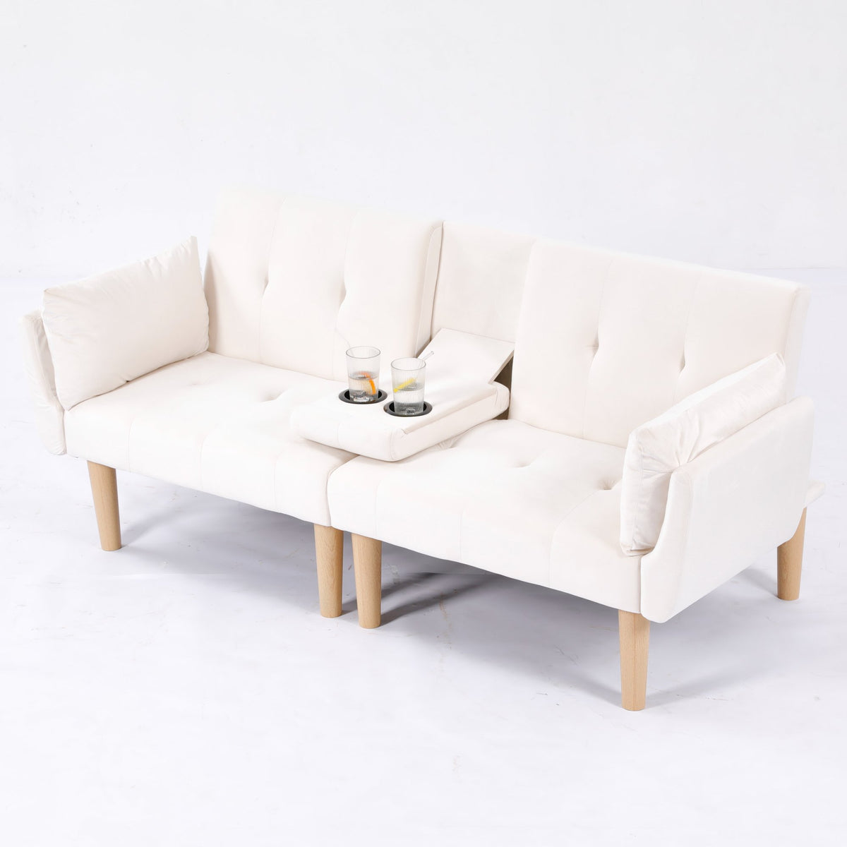 72 Inch Foldable Beige Double Sofa, Soft Velvet Upholstery, Comfortable Leisure 2‑Person Couch for Living Room Apartment.
