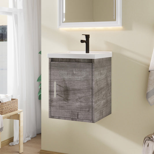 16" Floating Bathroom Vanity Combo, Wall Mounted Solid Plywood Cabinet with Ceramic Sink & Soft-Close Doors for Small Bathrooms, Grey
