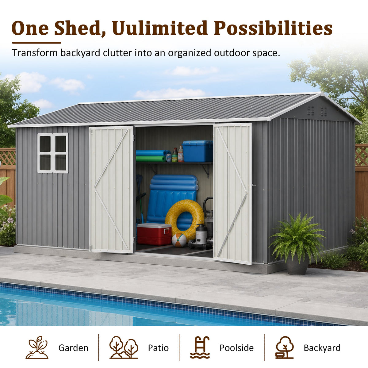 14x10 FT Outdoor Storage Shed, 780 cu.ft Large Metal Tool Shed with Built-in Foundation Frame, Double Doors & Air Vents, Galvanized Steel Sloped Roof – For Backyard, Patio, Poolside, Garden