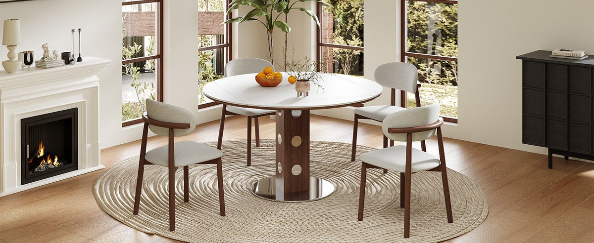 47.2' Extendable Multifunctional Round Dining Table for 4-6, Folding Kitchen Table with Drop Leaf, White Sintered Stone Top & Walnut Wood Column, Space-Saving for Small Apartments, Easy Assembly