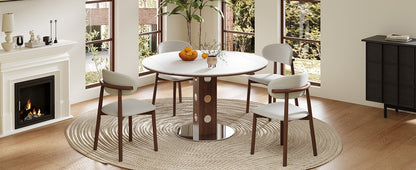 47.2' Extendable Multifunctional Round Dining Table for 4-6, Folding Kitchen Table with Drop Leaf, White Sintered Stone Top & Walnut Wood Column, Space-Saving for Small Apartments, Easy Assembly