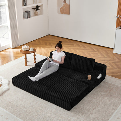 70.8-inch corduroy two-in-one sofa bed, featuring a lounge chair with two throw pillows, built-in cup holders in the armrests, and side storage pockets-ideal for living rooms, bedrooms, and relaxation