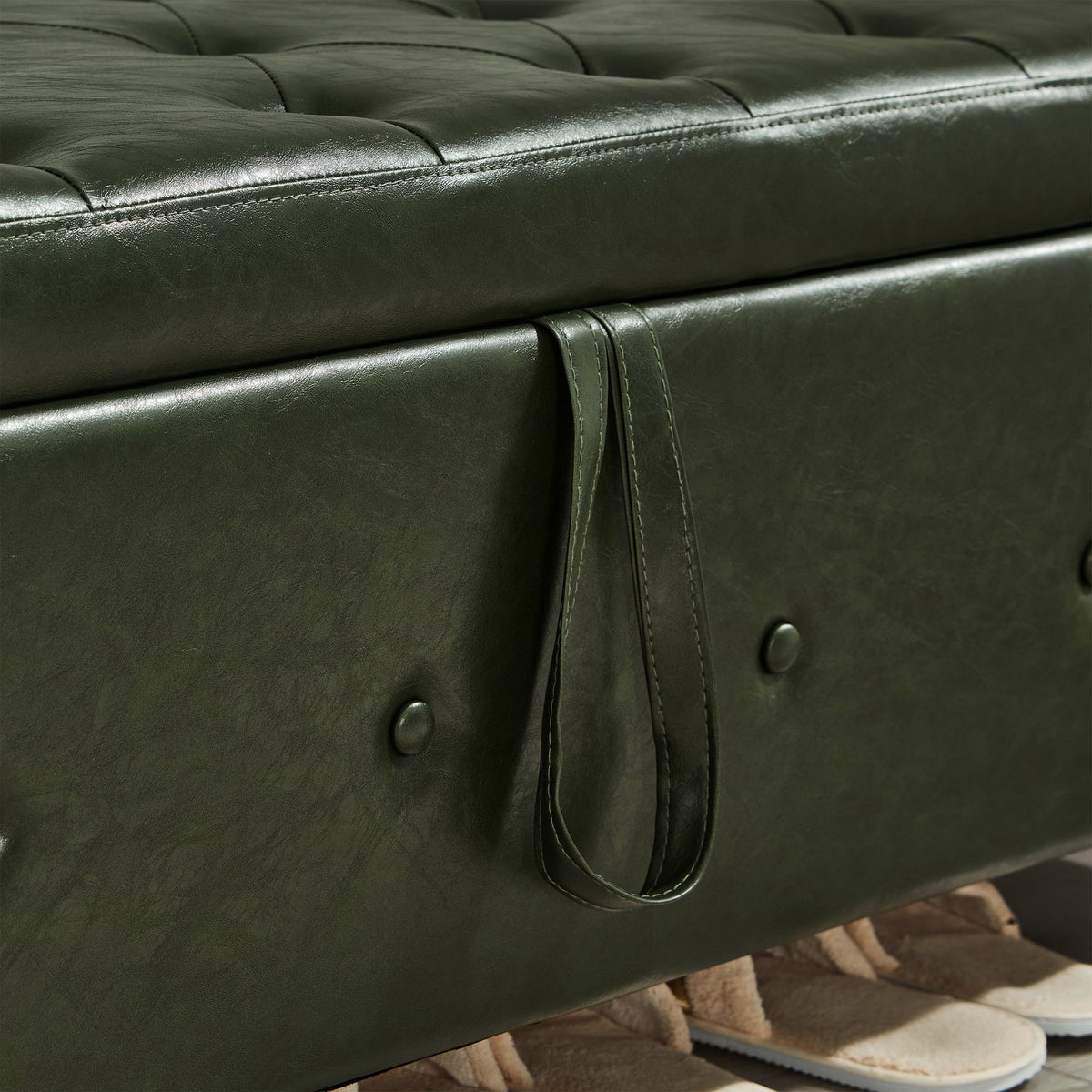 48" Ottoman Bench with Storage, Upholstered Tufted Faux Leather PU Ottoman Dark Green