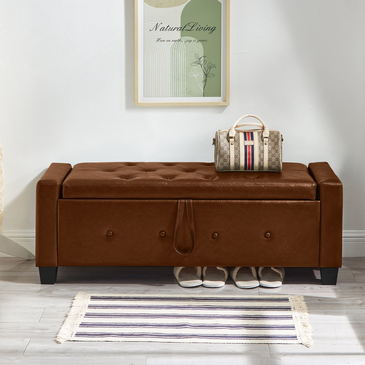 48" Ottoman Bench with Storage, Upholstered Tufted Faux Leather PU Ottoman Brown