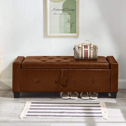 48" Ottoman Bench with Storage, Upholstered Tufted Faux Leather PU Ottoman Brown