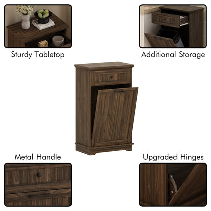 10 Gallon Tilt Out Trash Cabinet Freestanding Trash Bin Cabinet Wood Garbage Recycling Cabinet with Hideaway Drawer Pet Proof Trash Can Holder for Kitchen Living Room, Antique Brown (not include can)