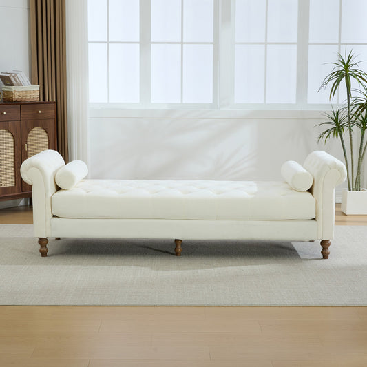 87.01"Wide Modern Upholstered End of Bed Bench with Armrests, Chenille Chaise Lounge Couch with 2 Bolster Pillows, Daybed with Rubberwood Legs For Living Room,Bedroom,Apartment,Guestroom, Beige