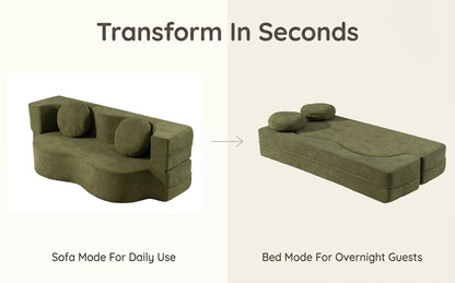 2-in-1 Folding Sofa Bed with Pillow, Twin Sleeper Sofa, Floor & Futon Loveseat Couch, Foam Folding Mattress Sleeper for Living Room, Guest Use, Office, Apartment, No Assembly Required,Green