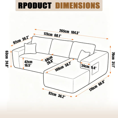 104" Cloud Sectional Sofa with L-Shape Chaise and Side Pockets, Modern Modular Design, with side pockets, Upholstered Couch