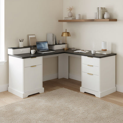 59" Modern Fluted L-Shaped Desk with Charging Station & Storage Cabinet - Home Office Computer Desk with Monitor Stand