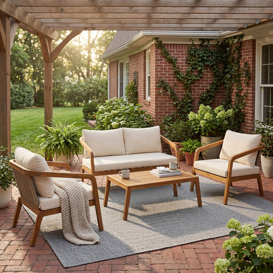 4-Piece Outdoor Patio Furniture Set Acacia Wood Conversation Set with PE Wicker Backrest & Comfort Cushions