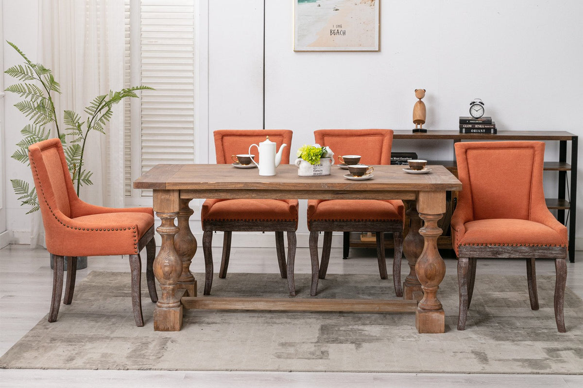 A&A Furniture, Ultra Side Dining Chair, Thickened fabric chairs with neutrally toned solid wood legs, Bronze nail head, Set of 2, Orange