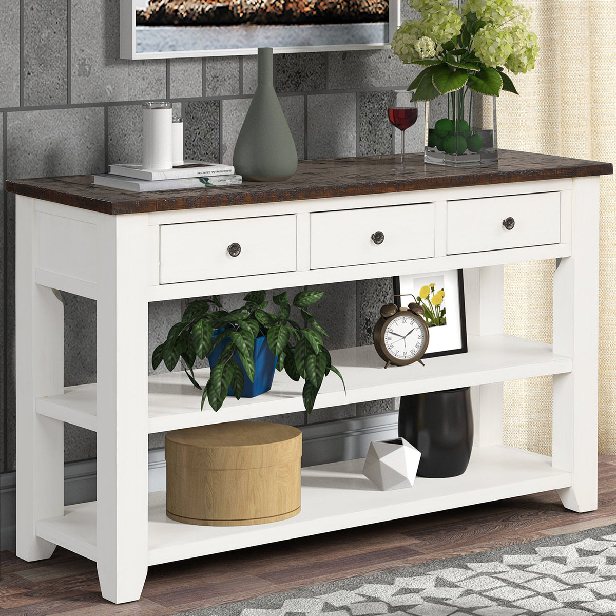 48'' Solid Pine Wood Top Console Table, Modern Entryway Sofa Side Table with 3 Storage Drawers and 2 Shelves. Easy to Assemble (Antique