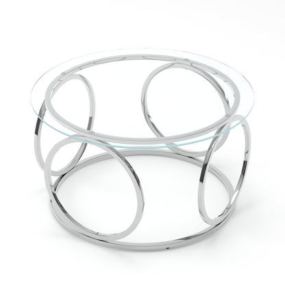 31.5"Modern Round Glass Top Coffee Table with Circular Metal Frame, Contemporary Accent Center Table for Living Room, Office, and Lounge(Ultra-Clear Glass + Chrome Frame)