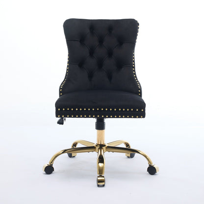 A&A Furniture Office Chair, Modern Velvet Upholstered Tufted Button Home Office Chair with Golden Metal Base - Black