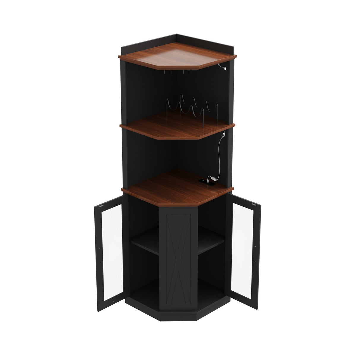 67.3" Corner Bar Cabinet with Power Outlet, Farmhouse Wine Bar Cabinet with Adjustable Shelves for Home,with Lights & Glass Rack for Dining Room, Living Room, Kitchen