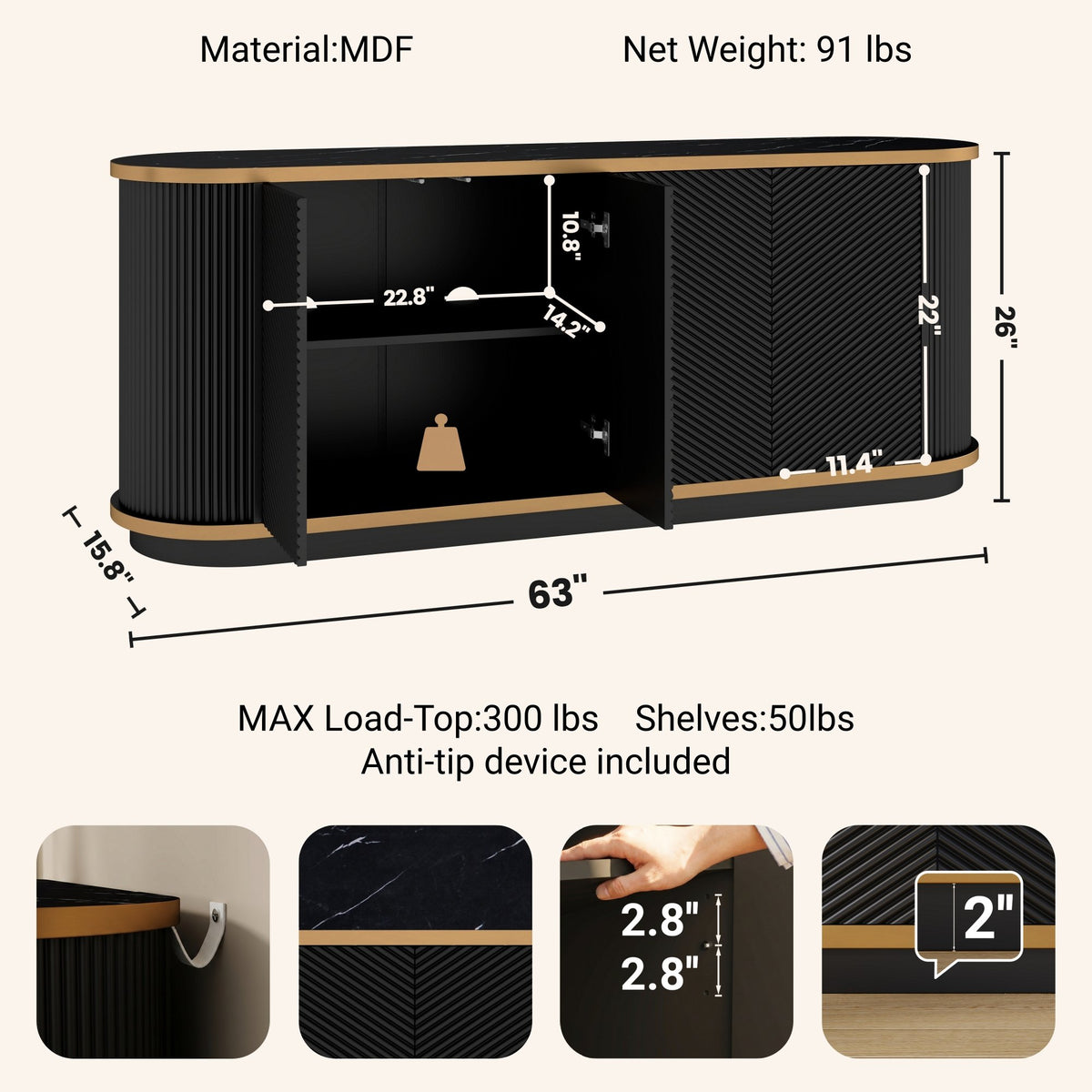 63" Diagonal Fluted Sideboard Cabinet with Storage, 4-Door Buffet Credenza TV Stand with Gold Trim, Black Faux Marble-Top Console Table, Modern Storage Cabinet for Dining Room, Living Room, Black