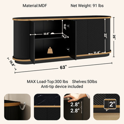 63" Diagonal Fluted Sideboard Cabinet with Storage, 4-Door Buffet Credenza TV Stand with Gold Trim, Black Faux Marble-Top Console Table, Modern Storage Cabinet for Dining Room, Living Room, Black