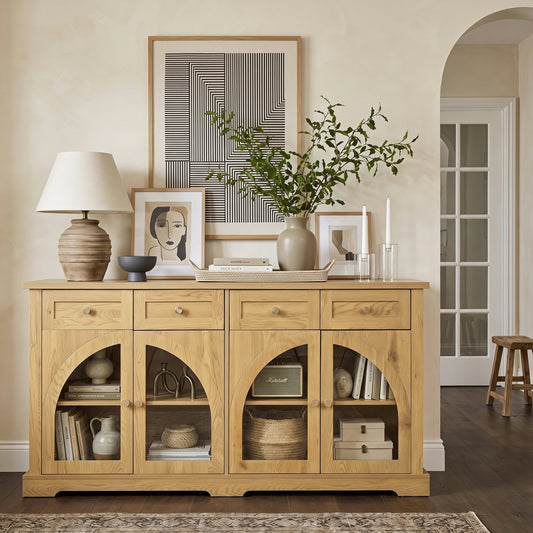 60" Modern Sideboard Cabinet with 4 Drawers and 4 Arched Glass Doors, Accent Storage Cabinet with Adjustable Shelves for Entryway, Living Room, Dining Room, Natural