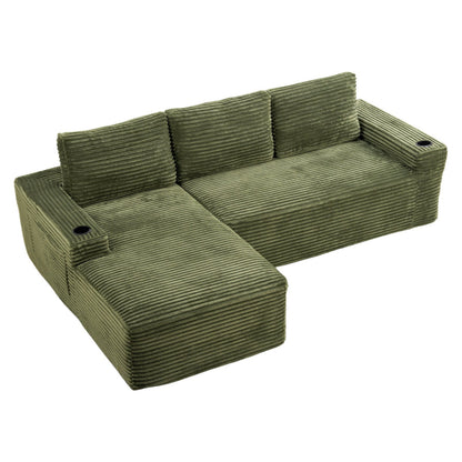 104 Inch Cloud Sectional Couch, Modern Modular Sectional Sofa with Deep Seat, Corduroy Boneless Couches with L-Shape Chaise – Green