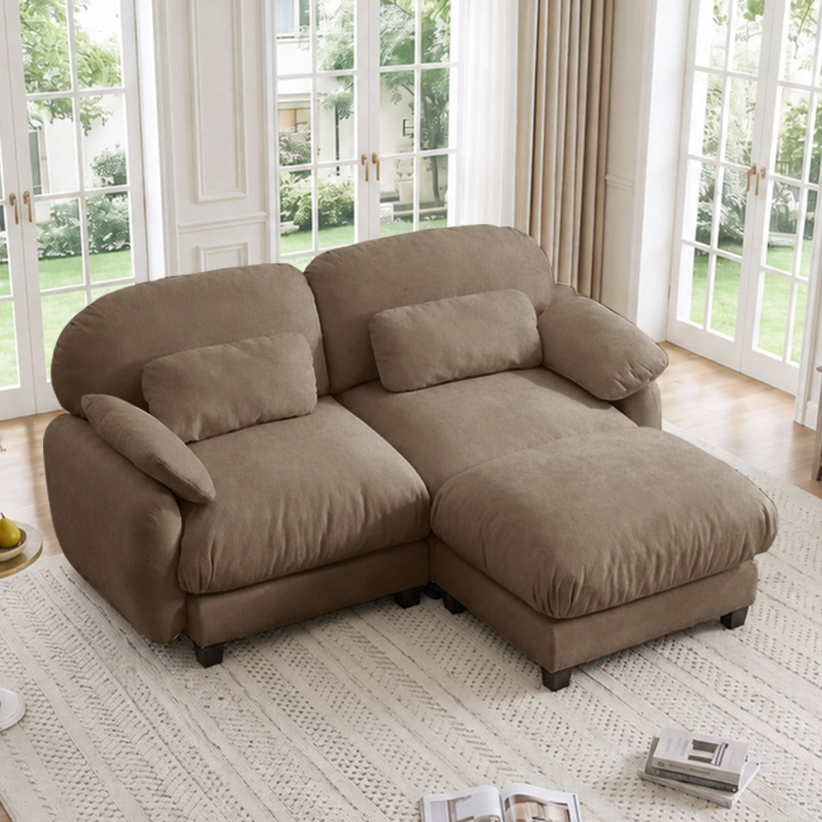 2 Seater L-Shaped Cloud Feel Sofa with Removable Ottoman, Cozy Chenille Modular Couch Set, Deep Seat Free Combination Furniture for Small Living Room, Brown