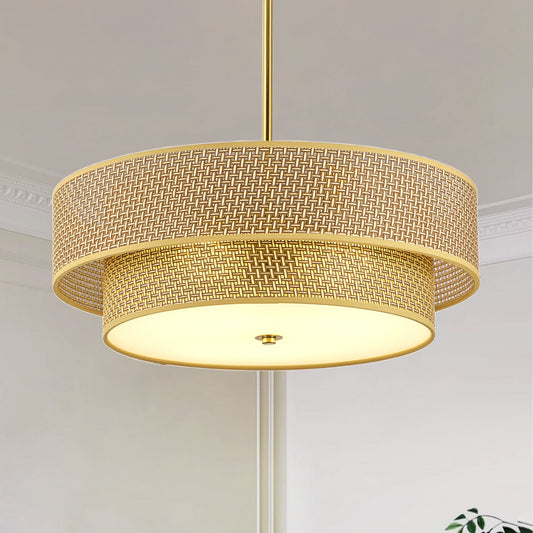 17.7 Inch Woven Rattan Linen Semi Flush Mount Ceiling Light Fixture, Modern Boho Drum Lamp, Farmhouse Gold Wicker Chandelier