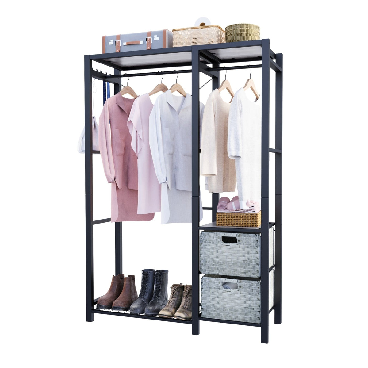 Acacia Wood Garment Racks with Shelves 2 Wicker Drawers and 4 Hooks Heavy Duty Closet Organizer for Hanging Clothes, Freestanding Closet Wardrobe Rack, Light Gray