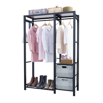 Acacia Wood Garment Racks with Shelves 2 Wicker Drawers and 4 Hooks Heavy Duty Closet Organizer for Hanging Clothes, Freestanding Closet Wardrobe Rack, Light Gray
