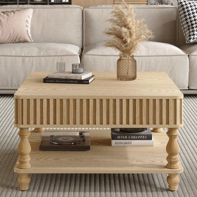 31.5 Inch Square Fluted Lift-Top Coffee Table with Hidden & Open Storage, Hydraulic Raising Mechanism, Retro Solid Wood Legs, Sofa - Natural Wood