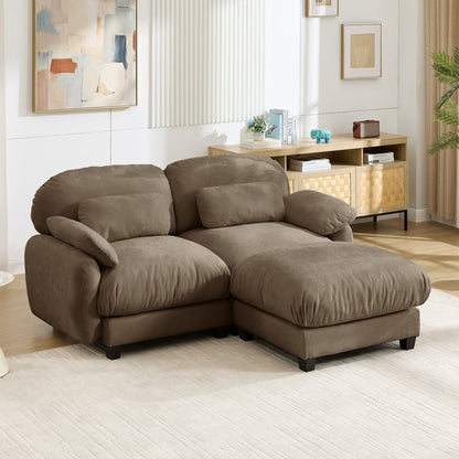 2 Seater L-Shaped Cloud Feel Sofa with Removable Ottoman, Cozy Chenille Modular Couch Set, Deep Seat Free Combination Furniture for Small Living Room, Brown
