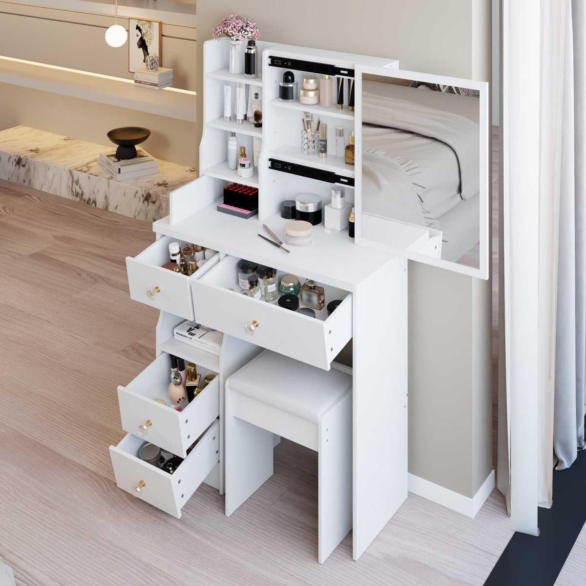 29.2" Small Space Left Drawer Desktop Vanity Table + Cushioned Stool, Extra Large Right sliding mirror, Multi Layer High Capacity Storage – Model W3258P299609