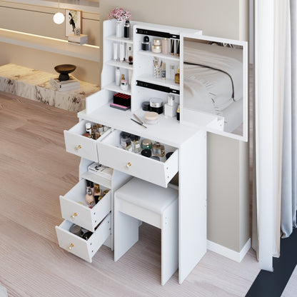 29.2" Small Space Left Drawer Desktop Vanity Table + Cushioned Stool, Extra Large Right sliding mirror, Multi Layer High Capacity Storage – Model W3258P299609