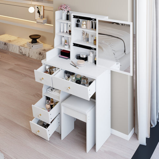 29.2" Small Space Left Drawer Desktop Vanity Table + Cushioned Stool, Extra Large Right sliding mirror, Multi Layer High Capacity Storage – Model W3258P299609