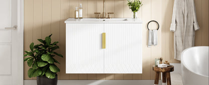 30" Vintage Bathroom Vanity with Ceramic Sink, with 3 Holes Single Ceramic Sink, Bathroom Storage Vanity Cabinet with 2 Soft Closing Doors