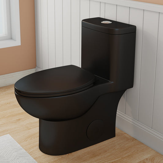 1.28/0.8 GPF One‑Piece Toilet, ADA 17" Comfort Height, Powerful Quiet Dual Siphonic Flush, 12" S‑Trap Rimless Bowl, Soft Closing Seat, Matt Black MB‑006