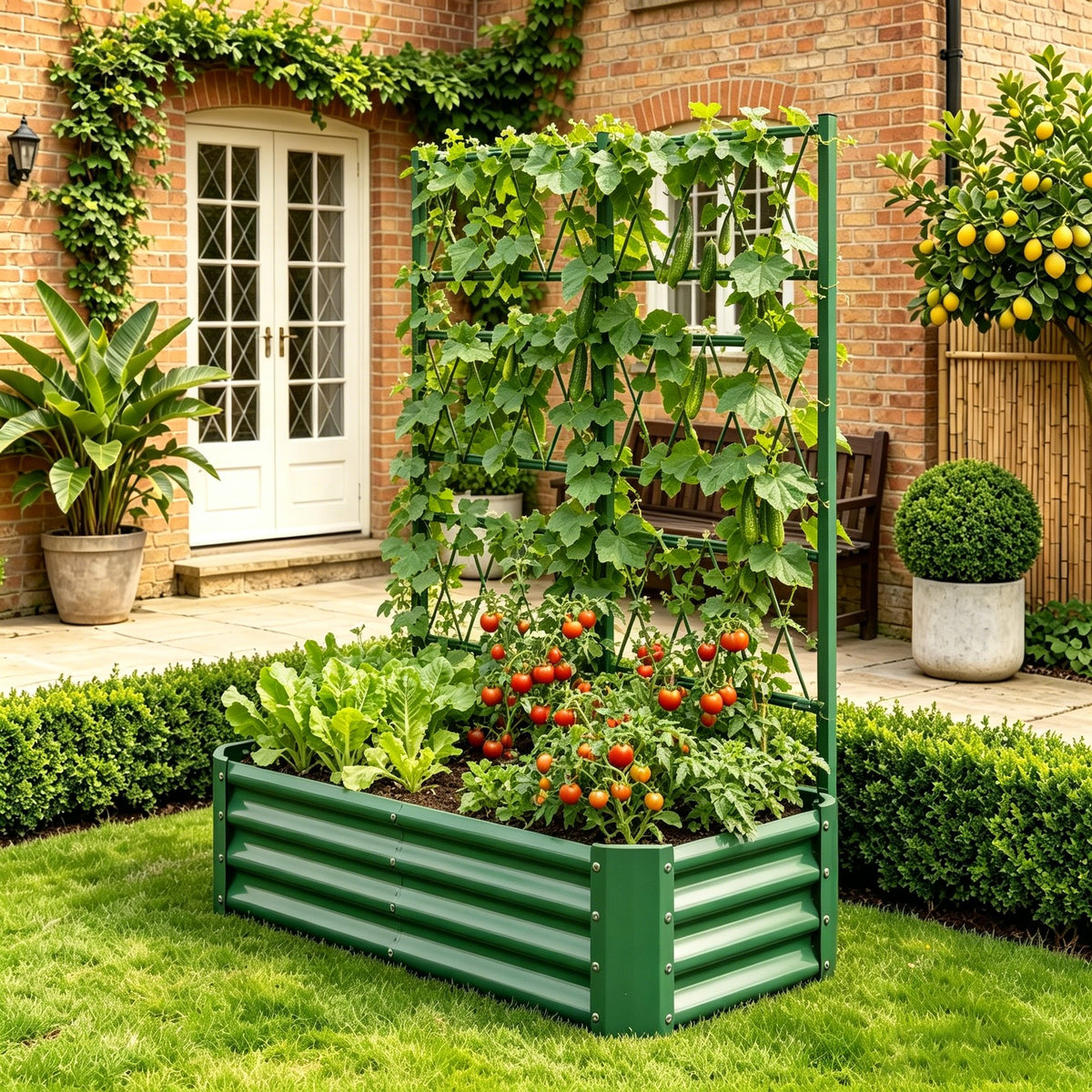 4x2x1FT Galvanized Raised Garden Bed with Arch Trellis for Climbing Vegetables Tomato Cucumber Bean, Heavy Duty Metal Raised Garden Bed Outdoor, Green