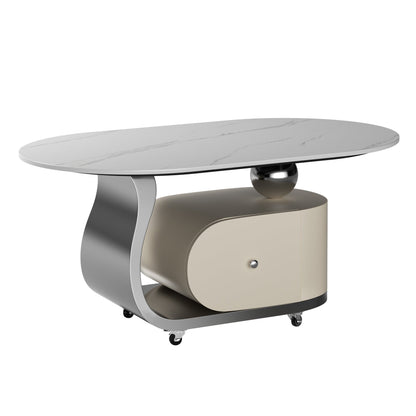 39.4" Sintered Stone End table with Drawer, Stainless Steel Base & 4 Lockable Casters, Modern Mobile Oval Coffee Table for Living Room, Easy Assembly (Gray)