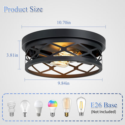 2 Pack 2-Light Matte Black Industrial Flush Mount Ceiling Light, Farmhouse Round Ceiling Lamp for Hallway Kitchen Entryway(No light bulb)