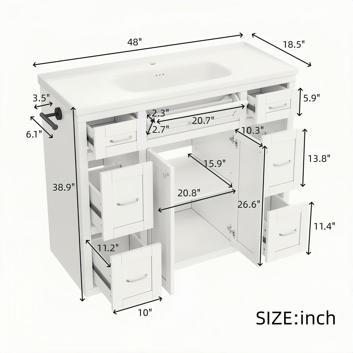 48" White Bathroom Vanity with Ceramic Sink – 6 Drawers (3 Each Side), Center Flip-Out Drawer, Soft-Close Double Doors, Reversible Side Towel Rack, Silver Handles, MDF