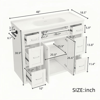 48" White Bathroom Vanity with Ceramic Sink – 6 Drawers (3 Each Side), Center Flip-Out Drawer, Soft-Close Double Doors, Reversible Side Towel Rack, Silver Handles, MDF