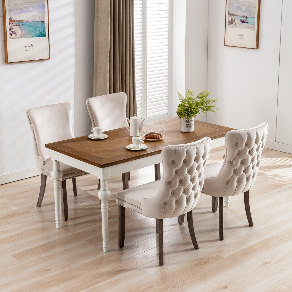 A&A Furniture, Upholstered Wing-Back Dining Chair with Backstitching Nailhead Trim and Solid Wood Legs, Set of 2, Beige, SW8809BG, KD