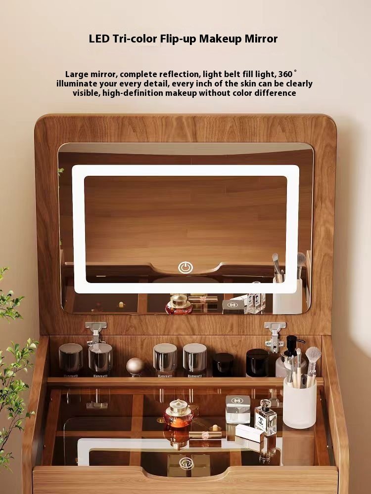 3 in 1 Vanity Desk with Plip Top Mirror, Small Make Up Vanity Set with Visible Glass Desktop, Compact Makeup Vanity with 3 Drawers - Walnut