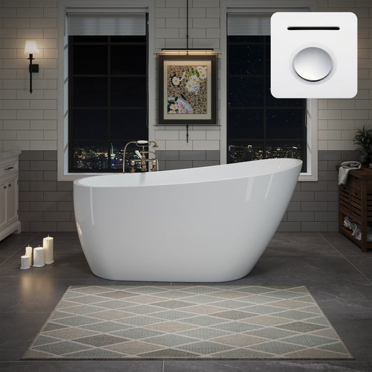 60" Acrylic Freestanding Bathtub, Deep Soaking Contemporary Stand Alone Bath Tub with Pop-up Drain & Integrated Overflow
