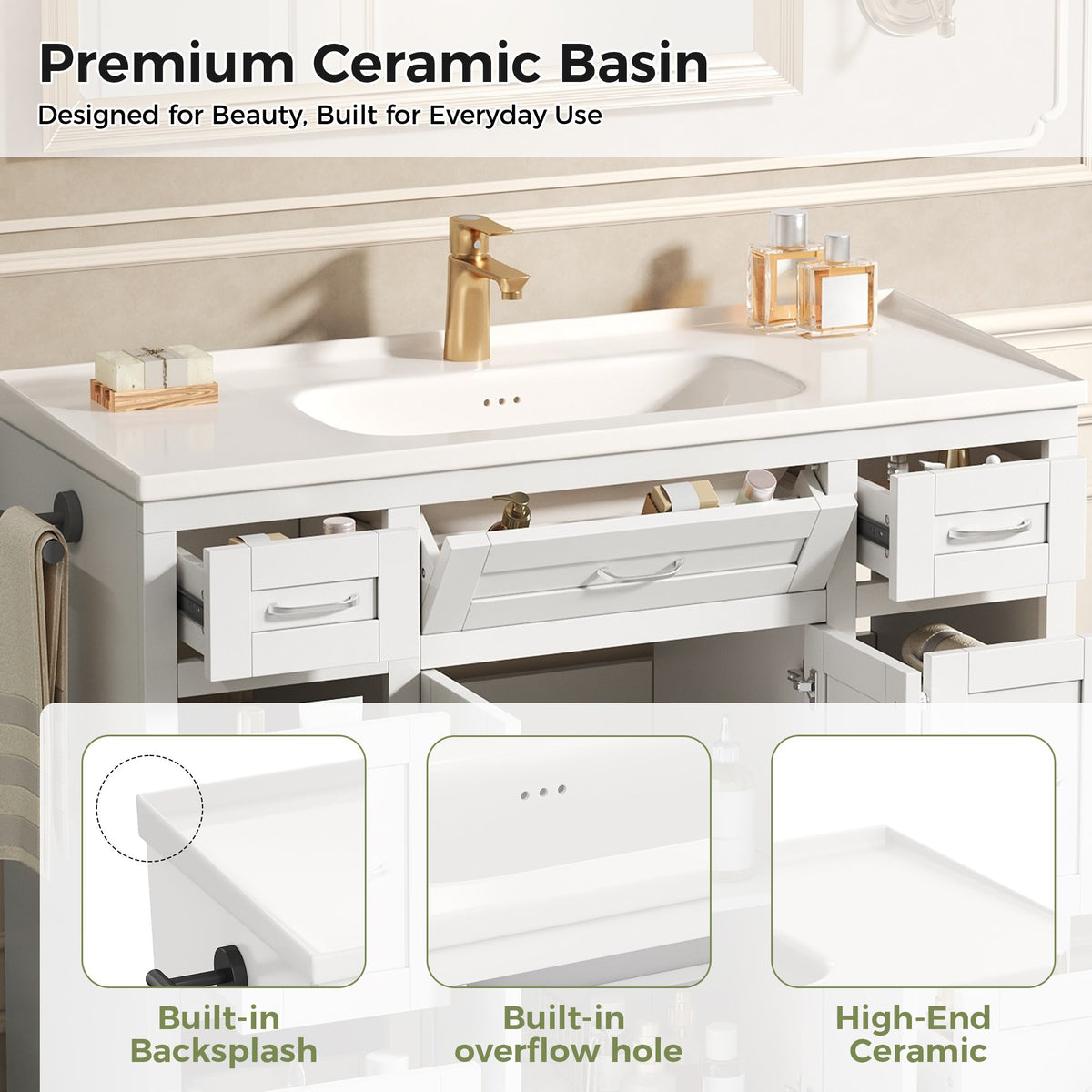 48" White Bathroom Vanity with Ceramic Sink – 6 Drawers (3 Each Side), Center Flip-Out Drawer, Soft-Close Double Doors, Reversible Side Towel Rack, Silver Handles, MDF