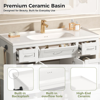 48" White Bathroom Vanity with Ceramic Sink – 6 Drawers (3 Each Side), Center Flip-Out Drawer, Soft-Close Double Doors, Reversible Side Towel Rack, Silver Handles, MDF