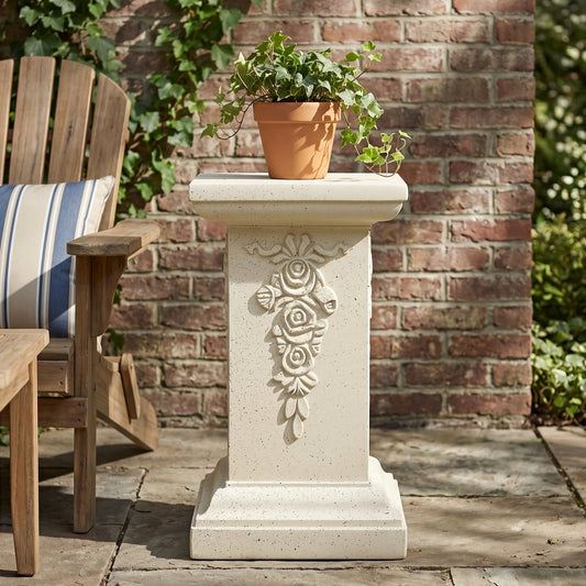 22.44"H Ornate Floral Pedestal Plant Stand, Sand Finish MGO Decorative Column Side Table for Indoor/Outdoor, No Assembly Required
