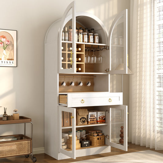 70 " Tall Arched Bar Cabinet , Mid-Century Coffee Bar Cabinet with an Adjustable Shelf & 5 Hooks, 9 Wine Racks, 3 Glass Holder,Tempered Glass Doors, Wine Liquor Cabinet with a Large Drawer, White