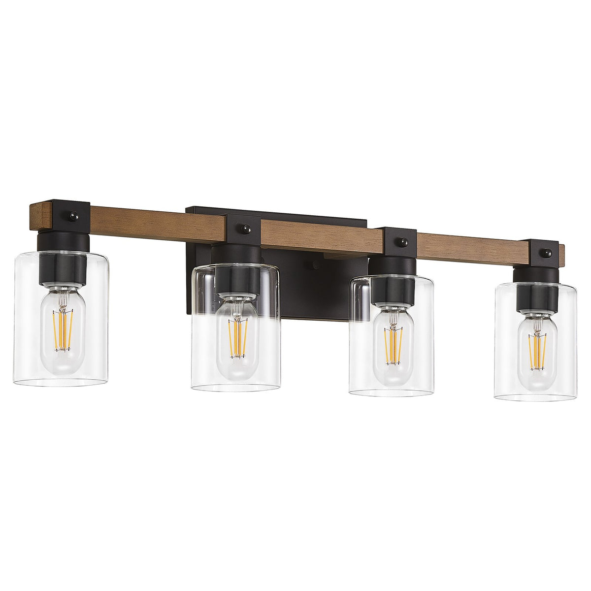 4-Light Farmhouse Vanity Light, Antique Wood Bathroom Wall Light with Clear Glass Shades, Mirror Lighting for Bedroom & Hallway, No Bulbs Included