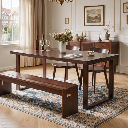 180cm Large Solid Wood Dining Table, Mid‑Century Modern Rectangular Solid Wood Kitchen Table, Dark Walnut Solid Wood Table for Dining Room Home Office